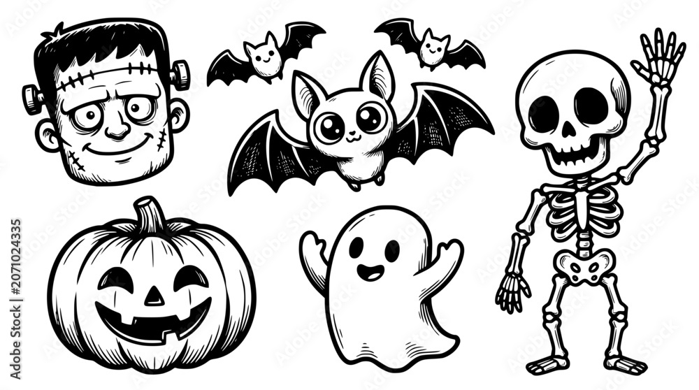 Obraz premium Black and white Halloween vector graphic illustrations of spooky characters