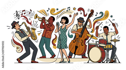 Cuadro en lienzo Lively jazz band performance with singer and instruments