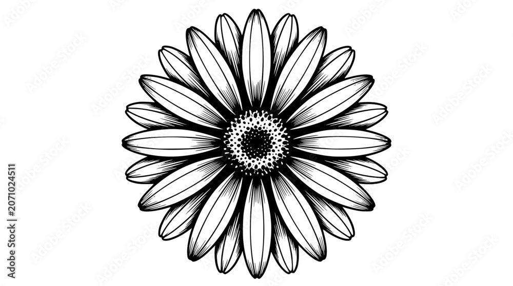 Fototapeta premium Black and white vector daisy flower illustration with detailed petals
