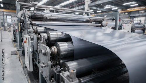 Dynamic medium shot capturing the sheet running sideways through a tension leveling line showcasing the lateral adjustment process for precise flatness control.