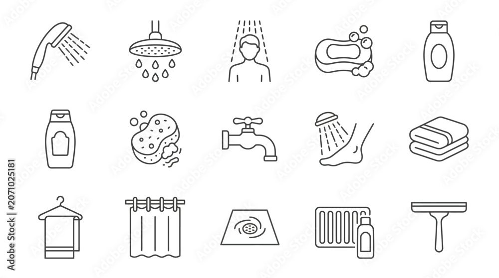 Fototapeta premium Bathroom hygiene and personal care equipment line icons