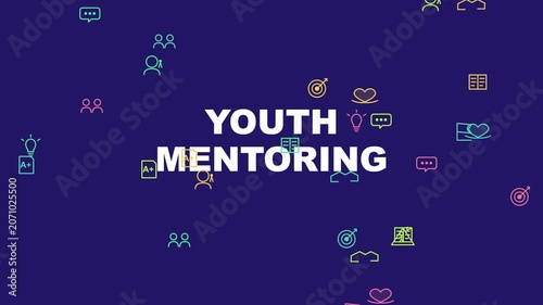 Youth mentoring concept animation with floating education and growth on dark blue background guidance