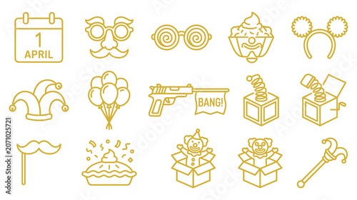 Schilderij op canvas April fools day icons set containing funny prank elements and party accessories for fun