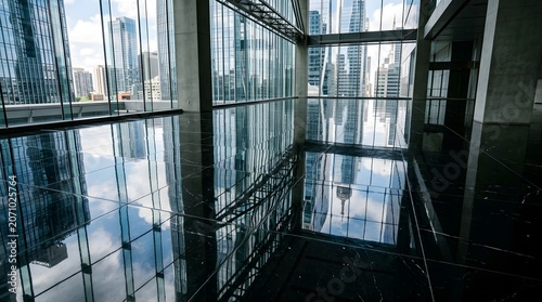 Modern Office Interior with Reflective Floor and Cityscape View.