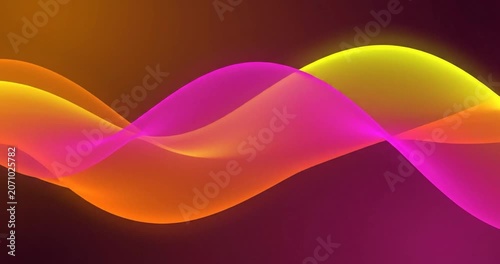 Abstract flowing colorful wave background with orange, pink and yellow glowing neon ribbons.