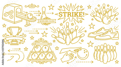 Schilderij op canvas Bowling icons and equipment set featuring strike action ball pins shoes and trophy vector