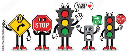 Fotografía Cute cartoon traffic light characters and road signs for kids road safety education set