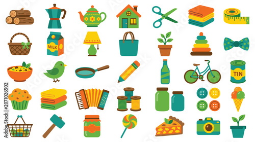 Bild auf Leinwand Collection of everyday objects and items, flat design icons.