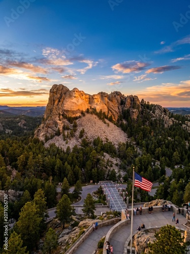 Mount Rushmore National Memorial at Golden Sunset with American Flag Aerial View South Dakota