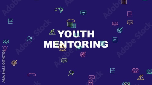 Youth mentoring concept animation with floating educational and success symbols guidance coaching student support