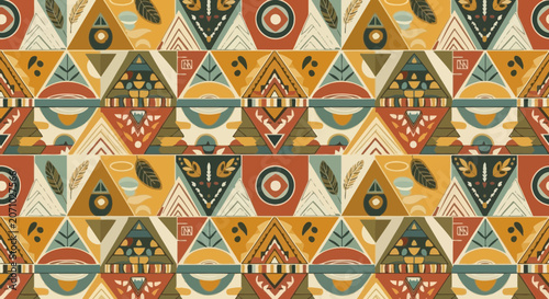 Hand Drawn Ethnic Tribal Geometric Seamless Pattern with Organic Shapes and Earth Tones