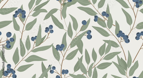 Hand drawn botanical seamless pattern with eucalyptus branches and blue berries