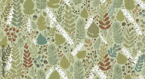 Hand Drawn Forest Botanical Seamless Pattern with Leaves and Berries