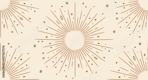 Boho celestial sunburst seamless pattern with hand drawn stars and magic sun rays background
