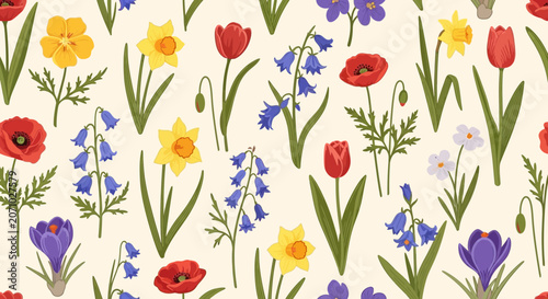 Hand drawn vintage botanical seamless pattern with colorful spring garden flowers