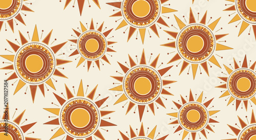 Bohemian Seamless Sun Pattern with Hand Drawn Celestial Elements in Warm Earthy Tones