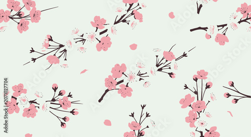 Elegant seamless vector pattern featuring pink cherry blossom branches on a light background