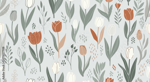 Elegant seamless pattern with hand drawn tulips and botanical elements in soft earth colors