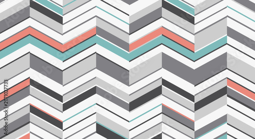 Geometric Chevron Pattern with 3D Zigzag Lines in Gray Teal and Coral