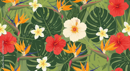 Exotic Tropical Seamless Pattern with Hibiscus Flowers and Monstera Leaves