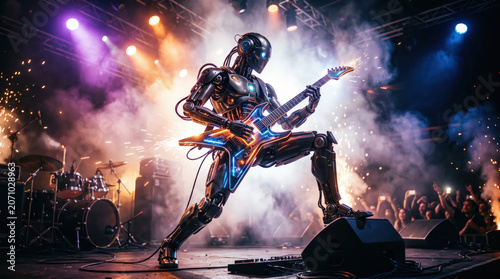 Sleek humanoid robot playing an illuminated electric guitar on stage. Futuristic android musician performing live rock music with neon lights and sparks. Cyberpunk concert with cheering crowd