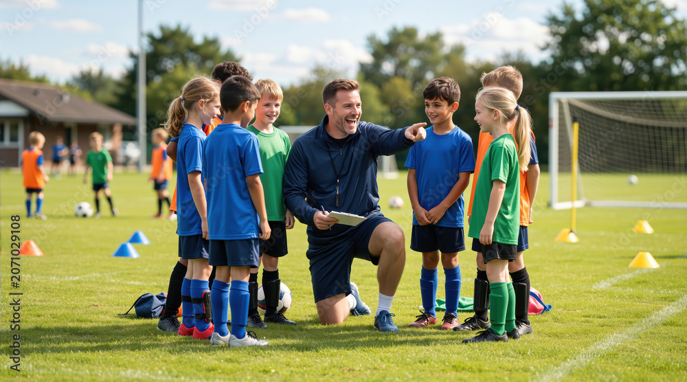 Fototapeta premium Smiling male soccer coach instructing a youth team on a grassy field. Happy children listening to their instructor during football practice. Teamwork and active lifestyle concept