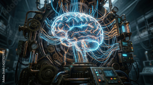 Glowing digital brain with binary code connected to a complex mechanical apparatus. Artificial intelligence and cybernetics concept in a futuristic industrial laboratory