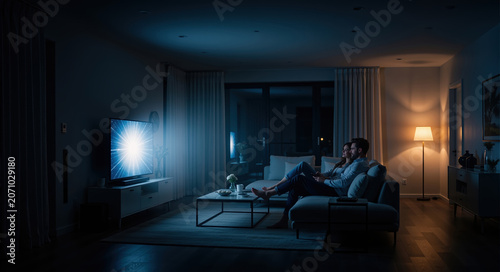 Couple watching television in a dark modern living room at night. Man and woman relaxing on sofa with blue light from TV screen. Home entertainment concept