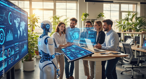 Humanoid robot collaborating with business team in modern office. Artificial intelligence and data analysis concept