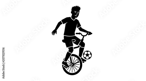 Creative Vector Illustration of Soccer Player Skillfully Balancing on Unicycle with Football sports athlete performance cycling dynamic lines clean artwork