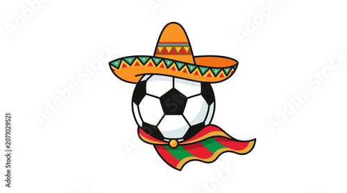 Colorful sombrero wearing soccer ball with Mexican flag ribbon vector illustration mexico cartoon digital pattern icon tracing geometric design flat