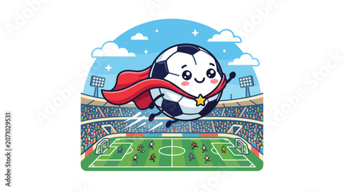 Superhero Soccer Ball Character Flying Over Colorful Football Stadium with Players Vector Illustration sports animation cartoon hero geometric flat design