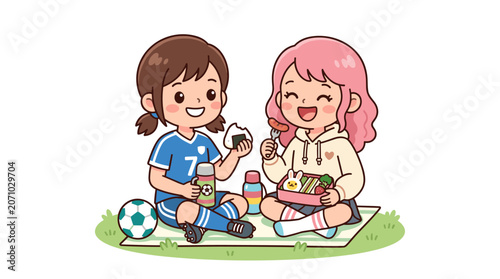 Happy Young Soccer Player Sharing Snack with Cheerful Friend During Picnic on Grass Field children friends girls outdoor cartoon playing