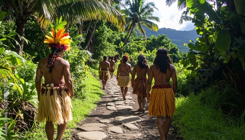 Cultural procession through lush tropical landscape in French Polynesia.