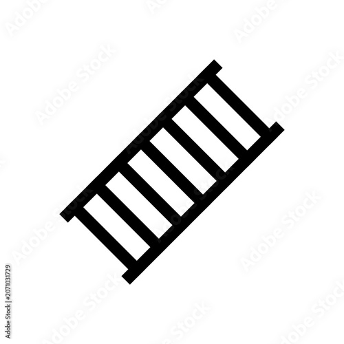 A minimalist black outline icon illustrating a simple ladder positioned at a diagonal angle against a white background.