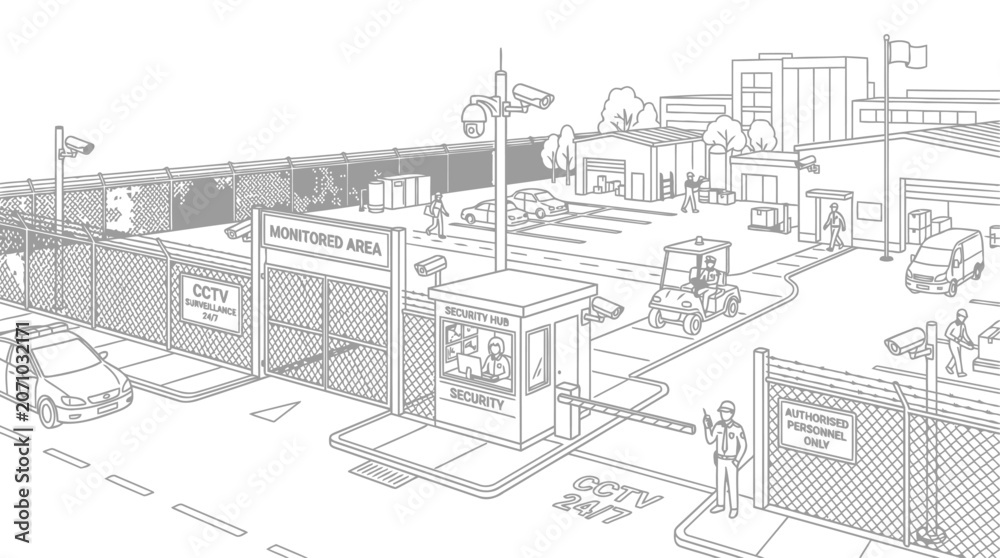 Obraz premium A security checkpoint with a gate, security cameras, and guards, indicating a controlled access area. This scene depicts a secure entrance with various elements of surveillance and control