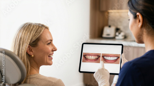 Dentist showing a patient a digital simulation of their teeth whitening and smile makeover on a tablet screen in a dental clinic