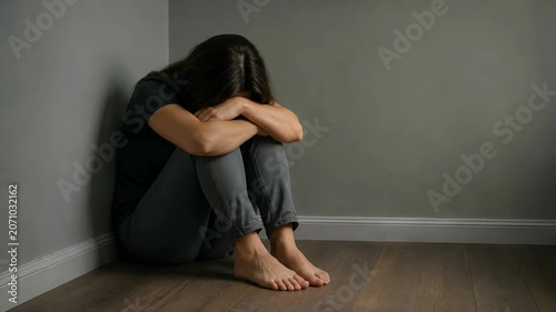 Sad woman sitting in corner with head on knee expressing deep depression. Lonely girl experiencing mental health crisis or grief in empty room. Trauma concept.