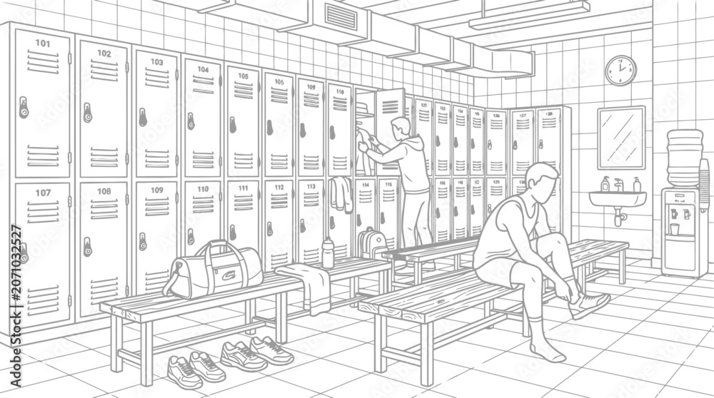 Fototapeta premium Locker room with athletic men preparing for sports activity and getting ready for exercise, with lockers and benches along the walls