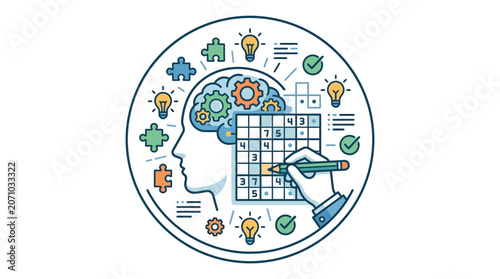 Brain training and puzzle solving concept illustration