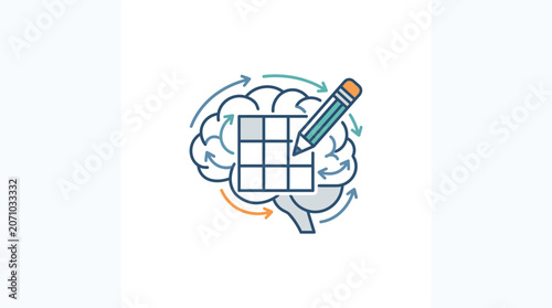 Brain training icon with grid puzzle and pencil