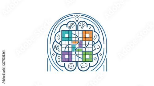Creative Brain Concept with Puzzle Grid and Icons