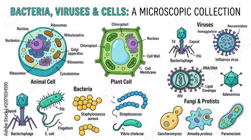 Canvastavla Microscopic collection of bacteria viruses.