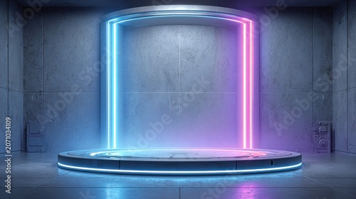 Circular presentation platform illuminates a sterile industrial space with vibrant neon lighting accents
