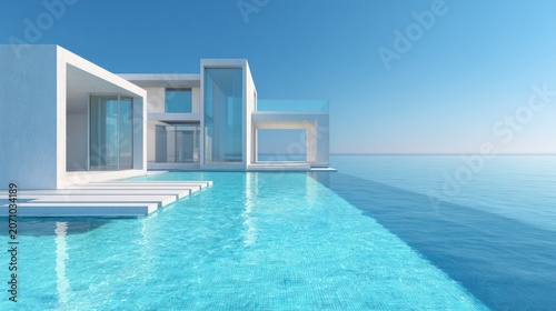 Modern white luxury residence features an infinity swimming pool merging with the ocean horizon