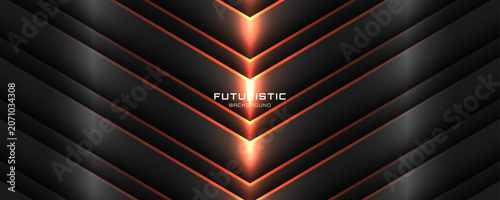 3D black techno abstract background overlap layer in dark space with glowing orange lines decoration. Modern graphic design element arrows style concept for web, art, flyer, card, or brochure cover