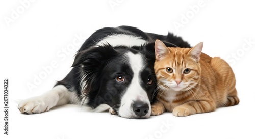 Loyal pets border collie and orange tabby cat together