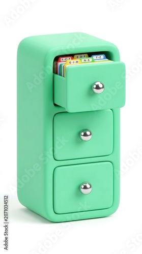 Cabinet in green with top drawer open showing alphabetical files