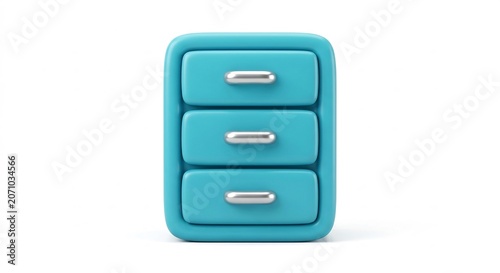 Cabinet with three silver handles and closed blue drawers