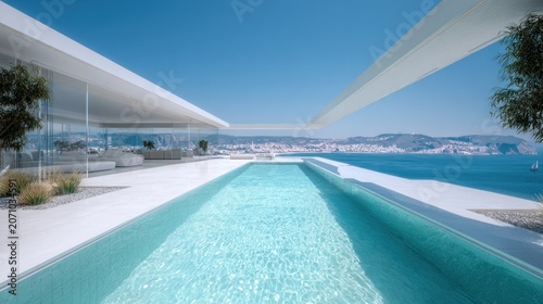 Modern luxury terrace features an infinity edge swimming pool overlooking a coastal city panorama